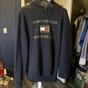 Tommy Hilfiger Navy Hoodie with Gold Accents Sz medium